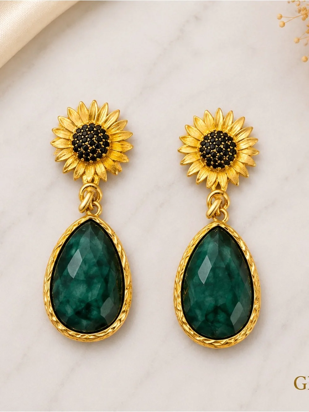 Goldfilled Sunflower Drop Earrings with Emerald Teardrops